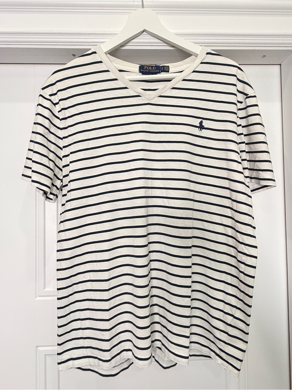 POLO RALPH LAUREN CUSTOM SLIM FIT TEE V NECK WHITE NAVY LARGE